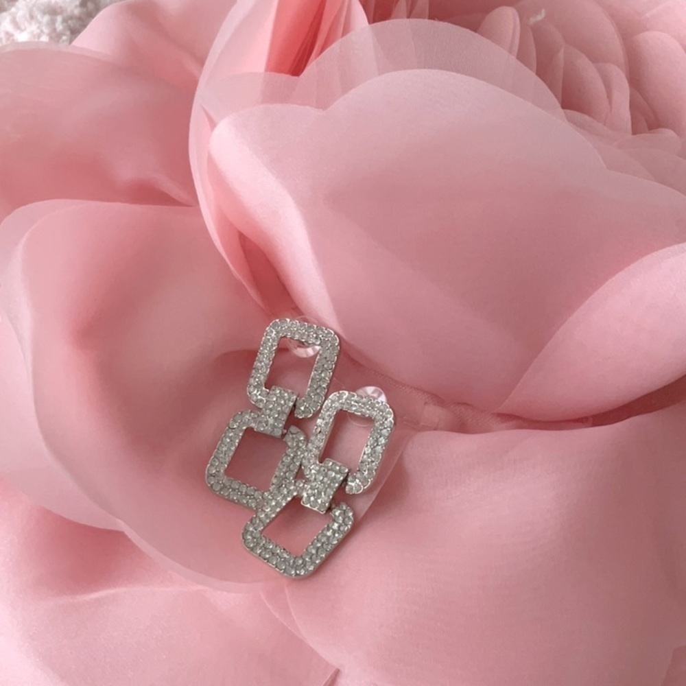 Empradda Silver Rhinestone Double Squared Earrings - image 2